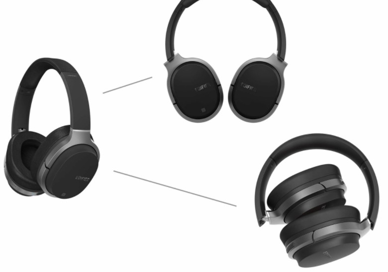 black edifier w830bt headphone, and folded edifier headphone