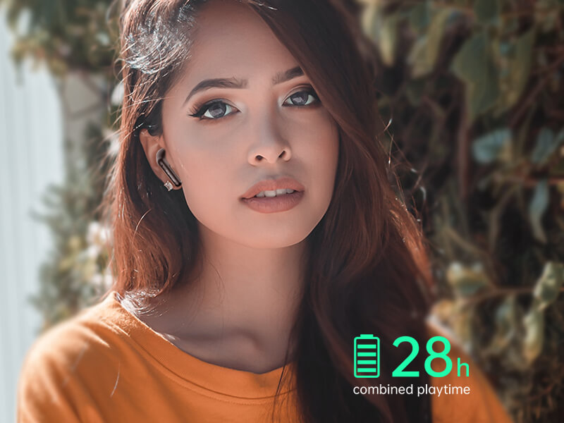 A girl wearing edifier x2 earbuds, with the font "28h combined playtime"