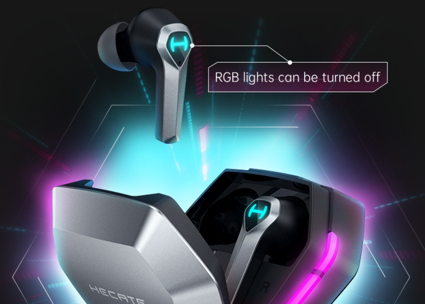 EDIFIER GX04 gaming headset, with font "RGB lights can be turned off" right