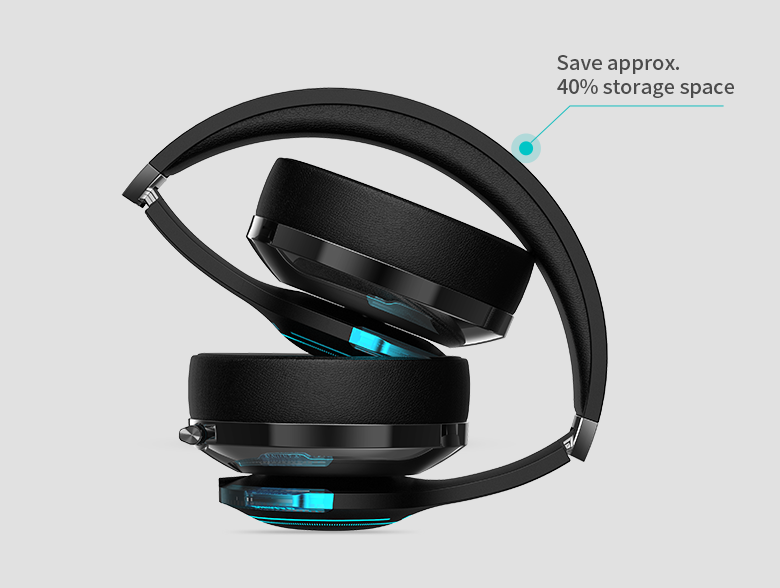 "Save approx, 40% storage space" comments pointing to the folded EDIFIER G5BT gaming headphone 