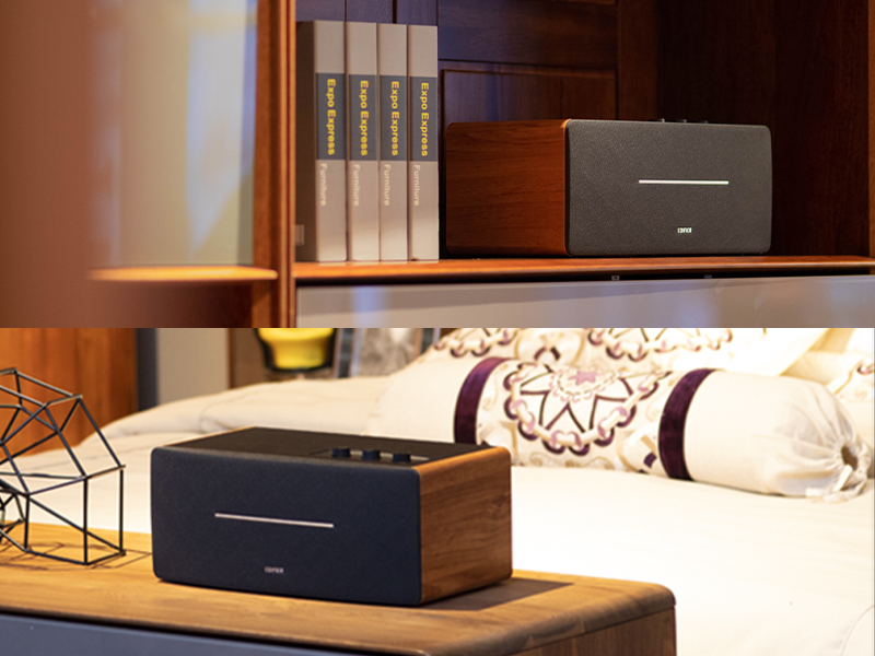 edifier speaker on the bookshelf and edifier speaker by the bed