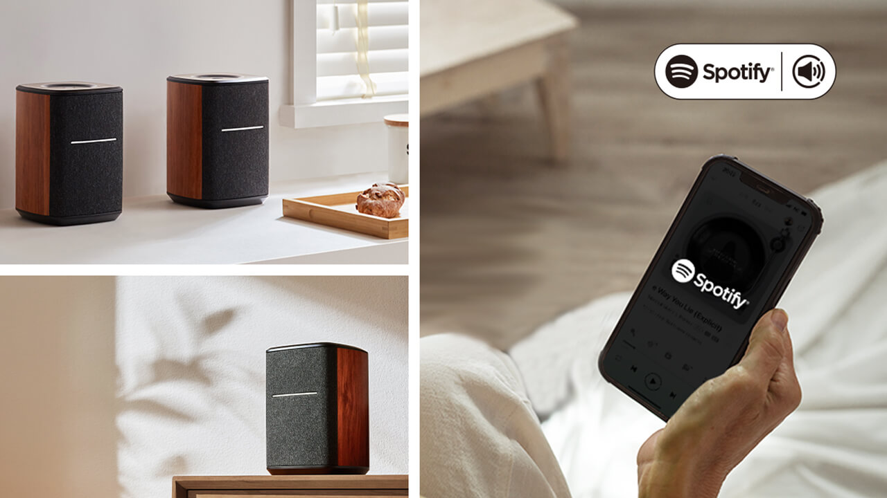 spotify on the phone, with three edifier speakers