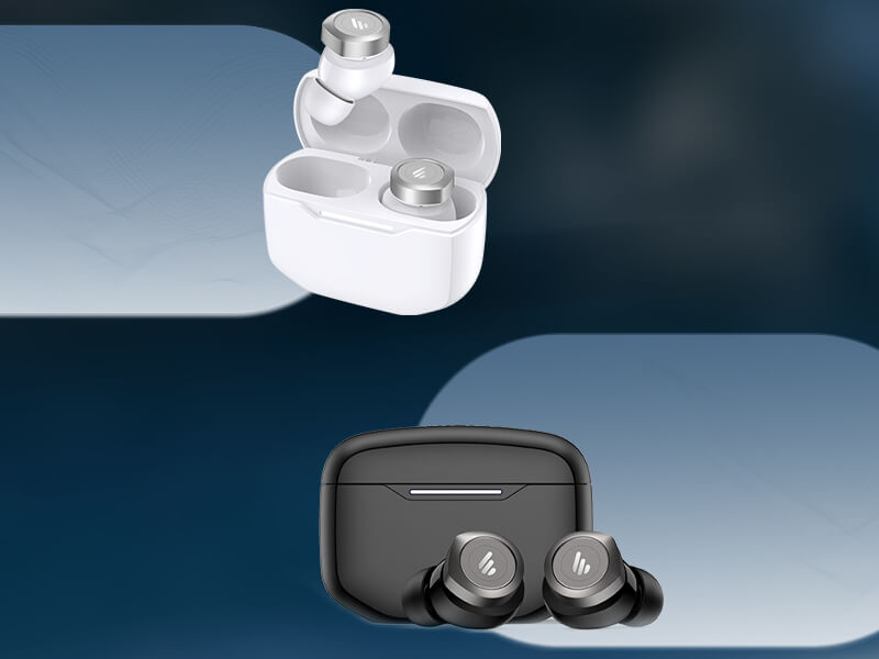 black edifier earbuds and white edifier earbuds