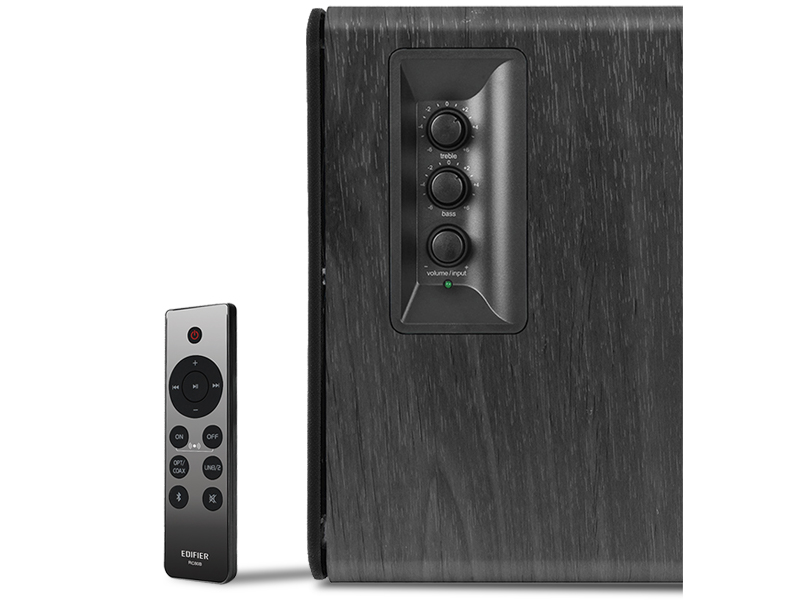 black bookshelf speaker with remote-control unit